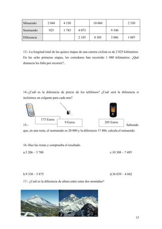 Minuendo            2 048        4 150                 10 060                     2 350

Sustraendo           925         1 783      4 073                     9 340

Diferencia                                  2 185      8 305          3 086       1 007



13.- La longitud total de las quince etapas de una carrera ciclista es de 2 025 kilómetros.
En las ocho primeras etapas, los corredores han recorrido 1 080 kilómetros. ¿Qué
distancia les falta por recorrer?..




14.-¿Cuál es la diferencia de precio de los teléfonos? ¿Cuál será la diferencia si
incluimos un colgante para cada uno?




              173 Euros
                                  9 Euros                         205 Euros
15.-                                                                             Sabiendo
que, en una resta, el sustraendo es 20 000 y la diferencia 17 406, calcula el minuendo.



16.-Haz las restas y comprueba el resultado.

a.5 206 – 3 780                                                      c.10 308 – 7 495




b.9 330 – 5 875                                                      d.36 039 – 4 042

17.- ¿Cuál es la diferencia de altura entre estas dos montañas?




                                                                                          15
 