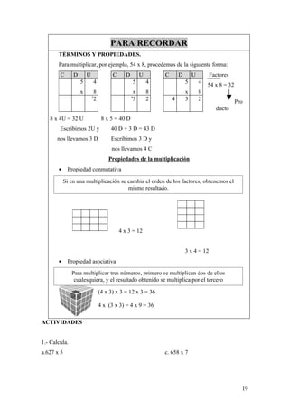PARA RECORDAR
       TÉRMINOS Y PROPIEDADES.
       Para multiplicar, por ejemplo, 54 x 8, procedemos de la siguiente forma:
        C       D       U              C      D        U       C       D       U        Factores
                    5        4                     5       4               5       4
                                                                                       54 x 8 = 32
                    x        8                     x       8               x       8
                            3                     4
                             2                     3       2       4       3       2                 Pro
                                                                                          ducto
   8 x 4U = 32 U                  8 x 5 = 40 D
        Escribimos 2U y               40 D + 3 D = 43 D
       nos llevamos 3 D               Escribimos 3 D y
                                      nos llevamos 4 C
                                     Propiedades de la multiplicación
       •     Propiedad conmutativa

            Si en una multiplicación se cambia el orden de los factores, obtenemos el
                                        mismo resultado.




                                           4 x 3 = 12


                                                                           3 x 4 = 12
       •     Propiedad asociativa
               Para multiplicar tres números, primero se multiplican dos de ellos
                cualesquiera, y el resultado obtenido se multiplica por el tercero

                                 (4 x 3) x 3 = 12 x 3 = 36

                                 4 x (3 x 3) = 4 x 9 = 36

ACTIVIDADES


1.- Calcula.
a.627 x 5                                                      c. 658 x 7




                                                                                                       19
 
