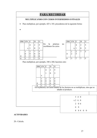 PARA RECORDAR
                MULTIPLICANDO CON CEROS INTERMEDIOS O FINALES

       •    Para multiplicar, por ejemplo, 425 x 103, procedemos de la siguiente forma:

       •




        DM UN C           D     U                                     DM UN C            D       U
                                        En     la   práctica   no
                      4   2     5                                                4       2       5
                                        escribimos los ceros
                    x 1   0     3                                              x 1       0       3
                1     2   7     5                                          1     2       7       5
                0     0   0     0                                     4    2     5
        4       2     5   0     0
        4       3     7   7     5                                     4    3     7       7       5
            Para multiplicar, por ejemplo, 340 x 260, hacemos esto:

                              DM UN C           D    U
                                          4     2    5
                                          1     0    3
                                    x
                                   1     2      7     5
                                   0     0      0     0
                             4     2     5      0     0
                             4     3     7      7     5
                           En la práctica, los ceros finales de los factores no se multiplican, sino que se
                                                         añaden al producto.


                                                                                 3 4 0
                                                                               x2 6 0
                                                                                 2   0 4
                                                                                 6   8
                                                                                 8   8 4     0   0

ACTIVIDADES


20.- Calcula.



                                                                                           27
 