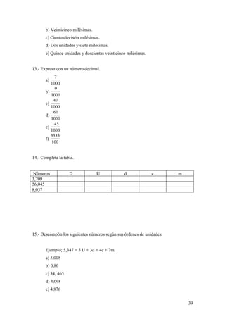 b) Veinticinco milésimas.
       c) Ciento dieciséis milésimas.
       d) Dos unidades y siete milésimas.
       e) Quince unidades y doscientas veinticinco milésimas.


13.- Expresa con un número decimal.
            7
       a)
          1000
             9
       b)
          1000
            47
       c)
          1000
            60
       d)
          1000
           145
       e)
          1000
          3333
       f)
          100


14.- Completa la tabla.


 Números            D              U             d              c      m
3,709
56,045
8,037




15.- Descompón los siguientes números según sus órdenes de unidades.


       Ejemplo; 5,347 = 5 U + 3d + 4c + 7m.
       a) 5,008
       b) 0,80
       c) 34, 465
       d) 4,098
       e) 4,876


                                                                           39
 
