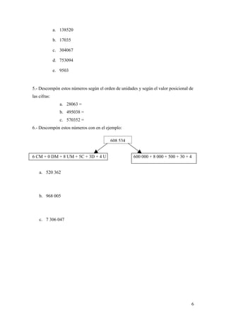 a. 138520

              b. 17035

              c. 304067

              d. 753094

              e. 9503


5.- Descompón estos números según el orden de unidades y según el valor posicional de
las cifras:
                 a. 28063 =
                 b. 495038 =
                 c. 570352 =
6.- Descompón estos números con en el ejemplo:

                                         608 534


6 CM + 0 DM + 8 UM + 5C + 3D + 4 U                   600 000 + 8 000 + 500 + 30 + 4


    a. 520 362




    b. 968 005




    c. 7 306 047




                                                                                    6
 
