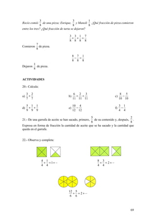 3                         3         1
Rocío comió      de una pizza; Enrique, y Manoli ¿Qué fracción de pizza comieron
               8                         8         8
entre los tres? ¿Qué fracción de tarta se dejaron?

                                     3 3 1 7
                                      + + =
                                     8 8 8 8
            7
Comieron      de pizza.
            8

                                         8 7 1
                                          − =
                                         8 8 8
           1
Dejaron      de pizza.
           8


ACTIVIDADES

20.- Calcula:

     3 2                                  6 2 3                             8   5
a)    +                             b)     + +                        c)      −
     7 7                                 11 11 11                          10 10

     5 1 1                               10 4                              3 1
d)    + +                           e)     −                          f)    −
     9 9 9                               12 12                             4 4

                                                     5                             2
21.- De una garrafa de aceite se han sacado, primero,  de su contenido y, después, .
                                                    8                              8
Expresa en forma de fracción la cantidad de aceite que se ha sacado y la cantidad que
queda en el garrafa.


22.- Observa y completa:




                4 1                                      8 3
                 + = 1+                                   + = 2+
                4 4                                      4 4




                                    12 5
                                      + = 2+
                                     6 6



                                                                                    69
 