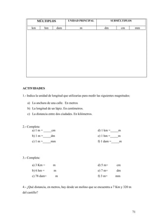 MÚLTIPLOS               UNIDAD PRINCIPAL                  SUBMÚLTIPLOS

       km        hm         dam              m                   dm             cm        mm




ACTIVIDADES

1.- Indica la unidad de longitud que utilizarías para medir las siguientes magnitudes:

    a) La anchura de una calle. En metros
    b) La longitud de un lápiz. En centímetros.
    c) La distancia entre dos ciudades. En kilómetros.



2.- Completa:
       a) 1 m = _____cm                                     d) 1 km =_____m
       b) 1 m =_____dm                                      e) 1 hm =_____m
       c) 1 m =_____mm                                      f) 1 dam =_____m




3.- Completa:

       a) 3 Km =        m                                   d) 5 m=        cm
       b) 6 hm =        m                                   e) 7 m=        dm
       c) 78 dam=         m                                 f) 3 m=       mm


4.- ¿Qué distancia, en metros, hay desde un molino que se encuentra a 7 Km y 320 m
del castillo?




                                                                                         71
 