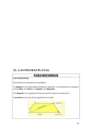 12.- LAS FIGURAS PLANAS.
                           PARA RECORDAR
LOS POLÍGONOS.

Reconocemos los elementos de un polígono.

Un polígono es una figura plana limitada por segmentos. Los elementos de un polígono
son los lados, los vértices, los ángulos y las diagonales.

Una diagonal es un segmento de recta que une dos vértices no consecutivos.

El perímetro es la suma de las longitudes de los lados.




                                                                                 90
 