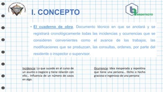 I. CONCEPTO
• El cuaderno de obra, Documento técnico en que se anotará y se
registrará cronológicamente todas las incidencias y ocurrencias que se
consideren convenientes como el avance de los trabajos, las
modificaciones que se produzcan, las consultas, ordenes, por parte del
residente o inspector o supervisor.
Incidencia: Lo que sucede en el curso de
un asunto o negocio y tiene relación con
ello… Influencia de un número de casos
en algo.
Ocurrencia: Idea inesperada y repentina
que tiene una persona… Dicho o hecho
gracioso e ingenioso de una persona
 