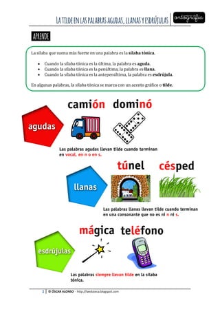 Latildeenlaspalabrasagudas,llanasyesdrújulas
2 © ÓSCAR ALONSO - http://laeduteca.blogspot.com
APRENDE e
La sílaba que suen...