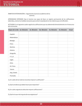 ÁMBITODEINTERVENCIÓNII.-Seguimientoalprocesoacadémicodelos
alumnos.
APRENDIZAJE ESPERADO: Que el alumno sea capaz de llevar un registro permanente de las calificaciones
obtenidas,ytomarlasmedidasnecesariasparaevitarlareprobaciónenlasmateriasqueseledificulten.
ACTIVIDAD: En el siguiente cuadro registra las calificaciones que vas obteniendo bimestralmente en el transcurso
delcicloescolar.
Etapas de la vida
Español
Matemáticas
Biología
Física
Química
Historia
Geografía
F C y E
Inglés
Artes
Ed. Física
Tutoría
Asig. Estatal
Promedio
1er. Bimestre 2o. Bimestre 3er. Bimestre 4o. Bimestre 5o. Bimestre Anual
1)¿Encuálesdelasmateriasnecesitasmejorartucalificación?
2)¿Quéconsiderasquedebeshacerparamejorarlas?
4)¿Encuálesasignaturasobtuvistemejorescalificaciones?
5)¿Quéesloquemástegustadeesasasignaturas?
Cuaderno de Prácticas de
TUTORÍA
20
 