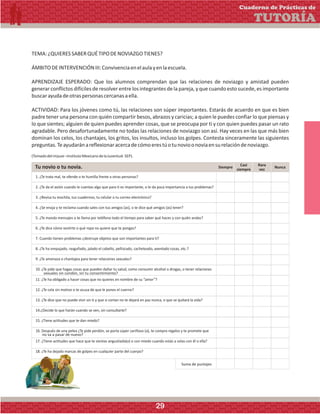 TEMA:¿QUIERESSABERQUÉTIPODENOVIAZGOTIENES?
ÁMBITODEINTERVENCIÓNIII:Convivenciaenelaulayenlaescuela.
APRENDIZAJE ESPERADO: Que los alumnos comprendan que las relaciones de noviazgo y amistad pueden
generar conflictos difíciles de resolver entre los integrantes de la pareja, y que cuando esto sucede, es importante
buscarayudadeotraspersonascercanasaella.
ACTIVIDAD: Para los jóvenes como tú, las relaciones son súper importantes. Estarás de acuerdo en que es bien
padre tener una persona con quién compartir besos, abrazos y caricias; a quien le puedes confiar lo que piensas y
lo que sientes; alguien de quien puedes aprender cosas, que se preocupa por ti y con quien puedes pasar un rato
agradable. Pero desafortunadamente no todas las relaciones de noviazgo son así. Hay veces en las que más bien
dominan los celos, los chantajes, los gritos, los insultos, incluso los golpes. Contesta sinceramente las siguientes
preguntas.Teayudaránareflexionaracercadecómoerestúotunovioonoviaensurelacióndenoviazgo.
(Tomadodelimjuve–InstitutoMexicanodelaJuventud-SEP).
Tu novio o tu novia. Siempre
Casi
siempre
Rara
vez
Nunca
sexuales sin condón, sin tu consentimiento?
no va a pasar de nuevo?
Suma de puntajes
Cuaderno de Prácticas de
TUTORÍA
29
 