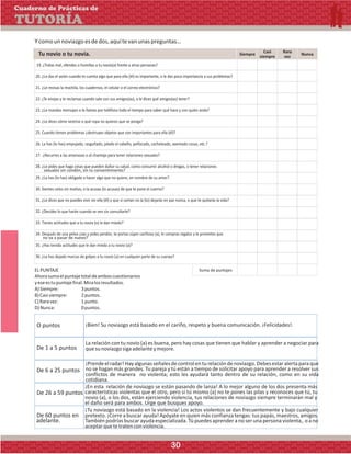 Ycomounnoviazgoesdedos,aquítevanunaspreguntas…
Tu novio o tu novia. Siempre
Casi
siempre
Rara
vez
Nunca
sexuales sin condón, sin tu consentimiento?
no va a pasar de nuevo?
Suma de puntajesELPUNTAJE
Ahorasumaelpuntajetotaldeamboscuestionarios
yeseestupuntajefinal.Miralosresultados.
A)Siempre: 3puntos.
B)Casisiempre: 2puntos.
C)Raravez: 1punto.
D)Nunca: 0puntos.
O puntos
De 1 a 5 puntos
De 6 a 25 puntos
De 26 a 59 puntos
De 60 puntos en
adelante.
¡Bien! Su noviazgo está basado en el cariño, respeto y buena comunicación. ¡Felicidades!.
La relación con tu novio (a) es buena, pero hay cosas que tienen que hablar y aprender a negociar para
quesunoviazgosigaadelanteymejore.
¡Prendeelradar!Hayalgunasseñalesdecontrolenturelacióndenoviazgo.Debesestaralertaparaque
no se hagan más grandes. Tu pareja y tú están a tiempo de solicitar apoyo para aprender a resolver sus
conflictos de manera no violenta; esto les ayudará tanto dentro de su relación, como en su vida
cotidiana.
¡En esta relación de noviazgo se están pasando de lanza! A lo mejor alguno de los dos presenta más
características violentas que el otro, pero si tú mismo (a) no te pones las pilas y reconoces que tú, tu
novio (a), o los dos, están ejerciendo violencia, tus relaciones de noviazgo siempre terminarán mal y
el daño será para ambos. Urge que busques apoyo.
¡Tu noviazgo está basado en la violencia! Los actos violentos se dan frecuentemente y bajo cualquier
pretexto. ¡Corre a buscar ayuda! Apóyate en quien más confianza tengas: tus papás, maestros, amigos.
Tambiénpodríasbuscarayuda especializada.Tú puedesaprenderano seruna persona violenta,.o ano
aceptarquetetratenconviolencia.
Cuaderno de Prácticas de
TUTORÍA
30
 