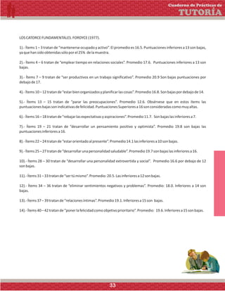LOSCATORCEFUNDAMENTALES.FORDYCE(1977).
1).- Ítems 1 – 3 tratan de “mantenerse ocupado y activo”. El promedio es 16.5.Puntuaciones inferiores a 13 son bajas,
yaquehansidoobtenidassóloporel25% delamuestra.
2).- Ítems 4 – 6 tratan de “emplear tiempo en relaciones sociales”. Promedio 17.6. Puntuaciones inferiores a 13 son
bajas.
3).- Ítems 7 – 9 tratan de “ser productivos en un trabajo significativo”. Promedio 20.9 Son bajas puntuaciones por
debajode17.
4).-Ítems10–12tratande“estarbienorganizadosyplanificarlascosas”.Promedio16.8.Sonbajaspordebajode14.
5).- Ítems 13 – 15 tratan de “parar las preocupaciones”. Promedio 12.6. Obsérvese que en estos ítems las
puntuacionesbajassonindicativasdefelicidad.PuntuacionesSuperioresa16sonconsideradascomomuyaltas.
6).-Ítems16–18tratande“rebajarlasexpectativasyaspiraciones”.Promedio11.7. Sonbajaslasinferioresa7.
7).- Ítems 19 – 21 tratan de “desarrollar un pensamiento positivo y optimista”. Promedio 19.8 son bajas las
puntuacionesinferioresa16.
8).-Ítems22–24tratande“estarorientadoalpresente”.Promedio14.1lasinferioresa10sonbajas.
9).-Ítems25–27tratande“desarrollarunapersonalidadsaludable”.Promedio19.7sonbajaslasinferioresa16.
10).- Ítems 28 – 30 tratan de “desarrollar una personalidad extrovertida y social”. Promedio 16.6 por debajo de 12
sonbajas.
11).-Ítems31–33tratande“sertúmismo”.Promedio:20.5.Lasinferioresa12sonbajas.
12).- Ítems 34 – 36 tratan de “eliminar sentimientos negativos y problemas”. Promedio: 18.0. Inferiores a 14 son
bajas.
13).-Ítems37–39tratande“relacionesíntimas”.Promedio19.1.Inferioresa15son bajas.
14).-Ítems40–42tratande“ponerlafelicidadcomoobjetivoprioritario”.Promedio: 19.6.Inferioresa15sonbajas.
Cuaderno de Prácticas de
TUTORÍA
33
 