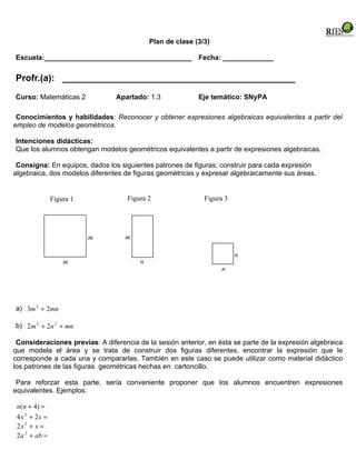Plan de clase (3/3)

Escuela:______________________________________ Fecha: _____________


Profr.(a): _____________________________________________
Curso: Matemáticas 2            Apartado: 1.3              Eje temático: SNyPA

 Conocimientos y habilidades: Reconocer y obtener expresiones algebraicas equivalentes a partir del
empleo de modelos geométricos.

Intenciones didácticas:
Que los alumnos obtengan modelos geométricos equivalentes a partir de expresiones algebraicas.

 Consigna: En equipos, dados los siguientes patrones de figuras; construir para cada expresión
algebraica, dos modelos diferentes de figuras geométricas y expresar algebraicamente sus áreas.


               Figura 1             Figura 2                 Figura 3




                          m        m

                                                                        n
                   m                    n
                                                                  n




a) 3m 2 + 2mn

b) 2m 2 + 2n 2 + mn

 Consideraciones previas: A diferencia de la sesión anterior, en ésta se parte de la expresión algebraica
que modela el área y se trata de construir dos figuras diferentes, encontrar la expresión que le
corresponde a cada una y compararlas. También en este caso se puede utilizar como material didáctico
los patrones de las figuras geométricas hechas en cartoncillo.

 Para reforzar esta parte, sería conveniente proponer que los alumnos encuentren expresiones
equivalentes. Ejemplos:

 n(n + 4) =
 4x 2 + 2x =
 2x 2 + x =
 2a 2 + ab =
 