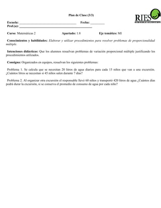 Plan de Clase (3/3)

Escuela: ____________________________________ Fecha: _________
Prof.(a): ______________________________________________

Curso: Matemáticas 2                       Apartado: 1.8                Eje temático: MI

 Conocimientos y habilidades: Elaborar y utilizar procedimientos para resolver problemas de proporcionalidad
múltiple.

 Intenciones didácticas: Que los alumnos resuelvan problemas de variación proporcional múltiple justificando los
procedimientos utilizados.

Consigna: Organizados en equipos, resuelvan los siguientes problemas:

 Problema 1. Se calcula que se necesitan 20 litros de agua diarios para cada 15 niños que van a una excursión.
¿Cuántos litros se necesitan si 45 niños salen durante 7 días?

 Problema 2. Al organizar otra excursión el responsable llevó 60 niños y transportó 420 litros de agua ¿Cuántos días
podrá durar la excursión, si se conserva el promedio de consumo de agua por cada niño?
 