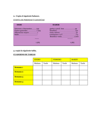 2.- Copia el siguiente balance.

CUENTA DE PERDIDAS Y GANANCIAS

    DEBE                                      HABER

 Intereses y descuentos……….139             gastos y prod. Inm. ………………….59
 Gastos generales………………..1.225             beneficio………………………………….150
 Diferencias arqueo………………1                 renta valores……………………………..42
 Saldo…………………………………-                       comisiones a n/f………………………..114
                                           Beneficio venta………………………1.000
                          ------                                 --------

                           1.365                                1.365



3.-copia la siguiente tabla.

CUADERNO DE TAREAS

                         ENERO                FEBRERO            MARZO

                         Mañana    Tarde      Mañana    Tarde    Mañana     Tarde

 Semana 1

 Semana 2

 Semana 3

 Semana 4
 