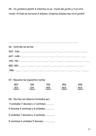 20
65.- Un jardinero plantó 4 arbolitos en un rincón del jardín y 4 en otro
rincón. Al final se murieron 2 árboles. ¿Cuántos árboles hay en el jardín?
……………………………………………………………………………………………………………………….
66.- Continúa las series:
535 – 536 - ………. - ………. - ………. - ………. - ……… - ………. - ………. - ……….. - ………..
647 – 648 -………. - ………. - ………. - ………. - ……… - ………. - ………. - ………… - ……….
790- 791 - ………. - ………. - ………. - ………. - ……… - ………. - ……….………. - ………. - ……….
850 -851 - ………. - ………. - ………. - ………. - ……… - ………. - ……….- ………. - ……… -
948 - ………. - ………. - ………. - ………. - ……… - ………. - ………. - ………. - ……….. - …………
67.- Resuelve las siguientes restas:
807 108 709 906 508
- 303 - 104 - 405 - 802 - 403
68.- Escribe los números formados por:
4 unidades 7 decenas y 3 centenas ……………
5 decenas 6 centenas y 8 unidades ……………..
5 unidades 7 decenas y 3 centenas ……………..
5 centenas 6 unidades 9 decenas ………………….
 