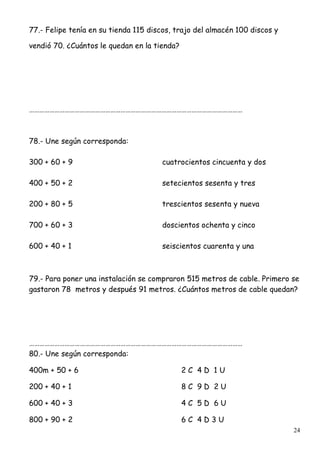 24
77.- Felipe tenía en su tienda 115 discos, trajo del almacén 100 discos y
vendió 70. ¿Cuántos le quedan en la tienda?
………………………………………………………………………………………………………………
78.- Une según corresponda:
300 + 60 + 9 cuatrocientos cincuenta y dos
400 + 50 + 2 setecientos sesenta y tres
200 + 80 + 5 trescientos sesenta y nueva
700 + 60 + 3 doscientos ochenta y cinco
600 + 40 + 1 seiscientos cuarenta y una
79.- Para poner una instalación se compraron 515 metros de cable. Primero se
gastaron 78 metros y después 91 metros. ¿Cuántos metros de cable quedan?
………………………………………………………………………………………………………………
80.- Une según corresponda:
400m + 50 + 6 2 C 4 D 1 U
200 + 40 + 1 8 C 9 D 2 U
600 + 40 + 3 4 C 5 D 6 U
800 + 90 + 2 6 C 4 D 3 U
 