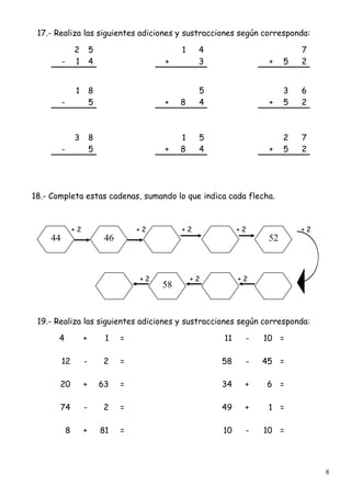 8
17.- Realiza las siguientes adiciones y sustracciones según corresponda:
2 5 1 4 7
- 1 4 + 3 + 5 2
1 8 5 3 6
- 5 + 8 4 + 5 2
3 8 1 5 2 7
- 5 + 8 4 + 5 2
18.- Completa estas cadenas, sumando lo que indica cada flecha.
+ 2 + 2 + 2 + 2 + 2
+ 2 + 2 + 2
19.- Realiza las siguientes adiciones y sustracciones según corresponda:
4 + 1 = 11 - 10 =
12 - 2 = 58 - 45 =
20 + 63 = 34 + 6 =
74 - 2 = 49 + 1 =
8 + 81 = 10 - 10 =
44 46 52
58
 