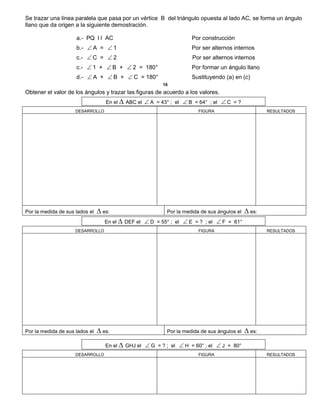 Se trazar una línea paralela que pasa por un vértice B del triángulo opuesta al lado AC, se forma un ángulo
llano que da origen a la siguiente demostración.
a.- PQ l l AC Por construcción
b.-  A =  1 Por ser alternos internos
c.-  C =  2 Por ser alternos internos
c.-  1 +  B +  2 = 180° Por formar un ángulo llano
d.-  A +  B +  C = 180° Sustituyendo (a) en (c)
16
Obtener el valor de los ángulos y trazar las figuras de acuerdo a los valores.
En el ∆ ABC el  A = 43° ; el  B = 64° ; el  C = ?
DESARROLLO FIGURA RESULTADOS
Por la medida de sus lados el ∆ es: Por la medida de sus ángulos el ∆ es:
En el ∆ DEF el  D = 55° ; el  E = ? ; el  F = 61°
DESARROLLO FIGURA RESULTADOS
Por la medida de sus lados el ∆ es: Por la medida de sus ángulos el ∆ es:
En el ∆ GHJ el  G = ? ; el  H = 60° ; el  J = 80°
DESARROLLO FIGURA RESULTADOS
 