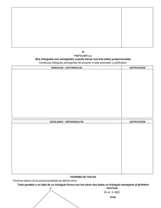 22
POSTULADO LLL
Dos triángulos son semejantes cuando tienen sus tres lados proporcionales
Construye triángulos semejantes de acuerdo a este postulado y justifícalos.
ISOSCELES – ACUTANGULOS JUSTIFICACION
ESCALENOS – OBTUSANGULOS JUSTIFICACION
TEOREMA DE THALES
Teorema básico de la proporcionalidad se define como:
Toda paralela a un lado de un triángulo forma con los otros dos lados un triángulo semejante al primero
C HIPOTESIS
En el  ABC
TESIS
 