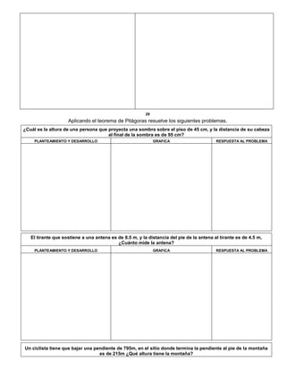 29
Aplicando el teorema de Pitágoras resuelve los siguientes problemas.
¿Cuál es la altura de una persona que proyecta una sombra sobre el piso de 45 cm, y la distancia de su cabeza
al final de la sombra es de 95 cm?
PLANTEAMIENTO Y DESARROLLO GRAFICA RESPUESTA AL PROBLEMA
El tirante que sostiene a una antena es de 8.5 m, y la distancia del pie de la antena al tirante es de 4.5 m,
¿Cuánto mide la antena?
PLANTEAMIENTO Y DESARROLLO GRAFICA RESPUESTA AL PROBLEMA
Un ciclista tiene que bajar una pendiente de 795m, en el sitio donde termina la pendiente al pie de la montaña
es de 215m ¿Qué altura tiene la montaña?
 