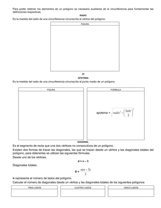 Para poder obtener los elementos de un polígono es necesario auxiliarse de la circunferencia para fundamentar las
definiciones respectivas.
RADIO
Es la medida del radio de una circunferencia circunscrita al vértice del polígono.
FIGURA
33
APOTEMA
Es la medida del radio de una circunferencia circunscrita al punto medio de un polígono
FIGURA FORMULA
apotema =
2
2
2







lado
radio
DIAGONAL
Es el segmento de recta que une dos vértices no consecutivos de un polígono.
Existen dos formas de trazar las diagonales, las que se trazan desde un vértice y las diagonales totales del
polígono, para obtenerlas se utilizan las siguientes fórmulas.
Desde uno de los vértices.
d = n – 3
Diagonales totales.
D =
2
)3( nn
n representa el número de lados del polígono.
Calcular el número de diagonales desde un vértice y las diagonales totales de los siguientes polígonos
TRES LADOS CUATRO LADOS CINCO LADOS
 