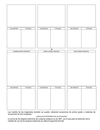 UN VERTICE TOTALES UN VERTICE TOTALES UN VERTICE TOTALES
34
CUADRILATERO CONCAVO CINCO LADOS CONVEXO SEIS LADOS CONCAVO
UN VERTICE TOTALES UN VERTICE TOTALES UN VERTICE TOTALES
Las medida de las diagonales también se pueden utilizando ecuaciones de primer grado o sistemas de
ecuaciones de dos incógnitas.
ANGULOS EXTERIORES DE UN POLIGONO
La suma de los ángulos exteriores de cualquier polígono es de 360°, por lo que para la obtención de la
medida de uno de los ángulos exteriores se utiliza la siguiente formula.
 