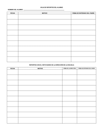 HOJA DE REPORTES DEL ALUMNO
NOMBRE DEL ALUMNO ________________________________________________________
FECHA MOTIVO FIRMA DE ENTERADO DEL PADRE
REPORTES CON EL VISTO BUENO DE LA DIRECCIÓN DE LA ESCUELA
FECHA MOTIVO FIRMA DE LA DIRECTORA FIRMA DE ENTERADO DEL PADRE
 