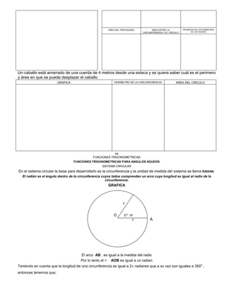 AREA DEL PENTAGONO AREA ENTRE LA
CIRCUNFERENCIA Y EL CÍRCULO
DIFERENCIA DE LOS PERIMETROS
DE LAS FIGURAS
Un caballo está amarrado de una cuerda de 4 metros desde una estaca y se quiere saber cuál es el perimero
y área en que se puede desplazar el caballo
GRAFICA PERIMETRO DE LA CIRCUNFERENCIA AREA DEL CIRCULO
44
FUNCIONES TRIGONOMETRICAS
FUNCIONES TRIGONOMETRICAS PARA ANGULOS AGUDOS
SISTEMA CIRCULAR
En el sistema circular la base para desarrollarlo es la circunferencia y la unidad de medida de! sistema se llama RADIAN.
El radián es el ángulo dentro de la circunferencia cuyos lados comprenden un arco cuya longitud es igual al radio de la
circunferencia.
GRAFICA
A
El arco AB , es igual a la medida del radio
Por lo tanto el < AOB es igual a un radian
Teniendo en cuenta que la longitud de una circunferencia es igual a 2 radianes que a su vez son iguales a 360" ,
entonces tenemos que;
r
O 57° 18´
r
 