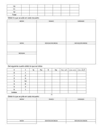 10
11
12
Total
Obtén lo que se pide en cada recuadro
MEDIA RANGO VARIANZA
MODA DESVIACION MEDIA DESVIACION MEDIA
MEDIANA
Del siguiente cuadro obtén lo que se indica
x f fx Fa fr fra I x - x I ( x – x ) ( x – x )2
0 1
1 2
2 5
3 14
4 8
5 3
6 1
totales
74
Obtén lo que se pide en cada recuadro
MEDIA RANGO VARIANZA
MODA DESVIACION MEDIA DESVIACION MEDIA
 