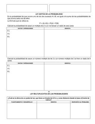 LEY ADITIVA DE LA PROBABILIDAD
Es la probabilidad de que ocurra uno de los dos sucesos A ó B, es igual a la suma de las probabilidades de
que ocurra cada uno de ellos.
La formula que se utiliza es.
P = (A ó B) = P(A) + P(B)
Calcula la probabilidad de sacar un múltiplo de 2 o un 3 al lanzar un dado de seis caras
DATOS Y OPERACIONES GRAFICA
E (
A (
B (
Calcula la probabilidad de sacar un número múltiplo de de 2 o un número múltiplo de 3 al tirar un dado de 8
caras.
DATOS Y OPERACIONES GRAFICA
E (
A (
B (
81
LEY MULTUPLICATIVA DE LAS PROBABILIDADES
¿Cuál es la altura de un poste de luz, que tiene un tirante de 4.5 m, y unas distancia desde la base al tirante de
3.25 m?
PLANTEAMIENTO Y DESARROLLO GRAFICA RESPUESTA AL PROBLEMA
 