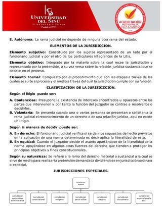pág. 24
E. Autónoma: La rama judicial no depende de ninguna otra rama del estado.
ELEMENTOS DE LA JURISDICCION.
Elemento subjetivo: Constituido por los sujetos representado de un lado por el
funcionario judicial y por el otro de los particulares integrantes de la Litis,
Elemento objetivo: Integrado por la materia sobre la cual recae la jurisdicción y
representado por la pretensión, a su vez versa sobre la relación jurídica sustancial que se
debate en el proceso.
Elemento Formal: Compuesto por el procedimiento que son las etapas a través de las
cuales se surte el proceso y el medio a través del cual la jurisdicción cumple con su función.
CLASIFICACION DE LA JURISDICCION.
Según el litigio puede ser:
A. Contenciosa: Presupone la existencia de intereses encontrados u opuestos entre las
partes que intervienen y por tanto la función del juzgador se contrae a resolverlos o
decidirlos.
B. Voluntaria: Se presenta cuando una o varias personas se presentan o solicitan a la
rama judicial el reconocimiento de un derecho o de una relación jurídica, aquí no existe
un litigio.
Según la manera de decidir puede ser:
A. En derecho: El funcionario judicial verifica si se dan los supuestos de hecho previstos
en la aplicación de una norma determinada es decir aplica la literalidad de esta.
B. En equidad: Cuando el juzgador decide el asunto apartándose de la literalidad de la
norma apoyándose en algunas otras fuentes del derecho que tienden a proteger los
principios objetivos y fines constitucionales.
Según su naturaleza: Se refiere a la rama del derecho material o sustancial a la cual se
sirve de medio para realizarla pretensión demandada dividiéndose en jurisdicción ordinara
o especial.
JURISDICCIONES ESPECIALES.
Jurisidiccion
especial
Jurisdiccion
contensioso
administrativa.
Jurisdiccion
constitucional.
Jurisdiccion
indigena.
Jurisdiccion
penal militar.
Jurisdiccion
coactiva.
Jurisdiccion
disciplinaria.
jurisdiccion
especial para la
paz.
 