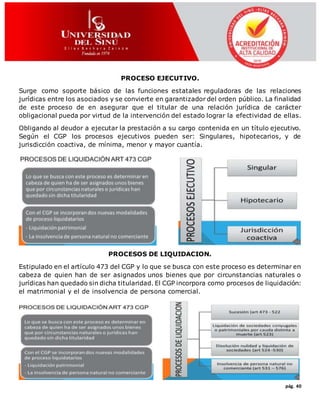 pág. 40
PROCESO EJECUTIVO.
Surge como soporte básico de las funciones estatales reguladoras de las relaciones
jurídicas entre los asociados y se convierte en garantizador del orden público. La finalidad
de este proceso de en asegurar que el titular de una relación jurídica de carácter
obligacional pueda por virtud de la intervención del estado lograr la efectividad de ellas.
Obligando al deudor a ejecutar la prestación a su cargo contenida en un título ejecutivo.
Según el CGP los procesos ejecutivos pueden ser: Singulares, hipotecarios, y de
jurisdicción coactiva, de mínima, menor y mayor cuantía.
PROCESOS DE LIQUIDACION.
Estipulado en el artículo 473 del CGP y lo que se busca con este proceso es determinar en
cabeza de quien han de ser asignados unos bienes que por circunstancias naturales o
jurídicas han quedado sin dicha titularidad. El CGP incorpora como procesos de liquidación:
el matrimonial y el de insolvencia de persona comercial.
 