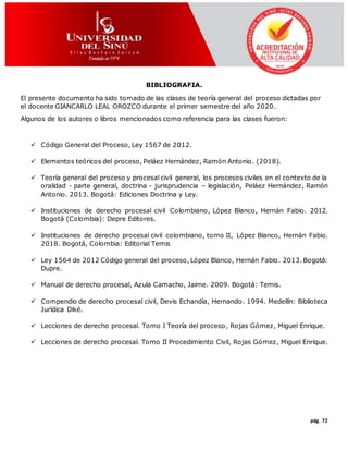 pág. 72
BIBLIOGRAFIA.
El presente documento ha sido tomado de las clases de teoría general del proceso dictadas por
el docente GIANCARLO LEAL OROZCO durante el primer semestre del año 2020.
Algunos de los autores o libros mencionados como referencia para las clases fueron:
 Código General del Proceso, Ley 1567 de 2012.
 Elementos teóricos del proceso, Peláez Hernández, Ramón Antonio. (2018).
 Teoría general del proceso y procesal civil general, los procesos civiles en el contexto de la
oralidad - parte general, doctrina - jurisprudencia – legislación, Peláez Hernández, Ramón
Antonio. 2013. Bogotá́: Ediciones Doctrina y Ley.
 Instituciones de derecho procesal civil Colombiano, López Blanco, Hernán Fabio. 2012.
Bogotá́ (Colombia): Depre Editores.
 Instituciones de derecho procesal civil colombiano, tomo II, López Blanco, Hernán Fabio.
2018. Bogotá́, Colombia: Editorial Temis
 Ley 1564 de 2012 Código general del proceso, López Blanco, Hernán Fabio. 2013. Bogotá́:
Dupre.
 Manual de derecho procesal, Azula Camacho, Jaime. 2009. Bogotá́: Temis.
 Compendio de derecho procesal civil, Devis Echandía, Hernando. 1994. Medellín: Biblioteca
Jurídica Diké.
 Lecciones de derecho procesal. Tomo I Teoría del proceso, Rojas Gómez, Miguel Enrique.
 Lecciones de derecho procesal. Tomo II Procedimiento Civil, Rojas Gómez, Miguel Enrique.
 