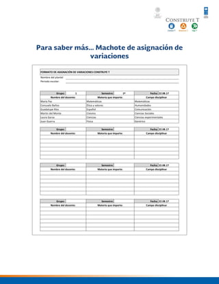 Nombre del plantel
Periodo escolar:
Grupo: 1 Semestre: 1º Fecha: 22.08.17
Grupo: Semestre: Fecha: 22.08.17
Grupo: Semestre: Fecha: 22.08.17
Grupo: Semestre: Fecha: 22.08.17
1
1
1
1
Campo disciplinar
1
1
Campo disciplinar
Materia que imparte:
1
1
1
1
1
1
Nombre del docente: Materia que imparte:
Ciencias Sociales
Ciencias experimentales
GenéricoFísica
Ciencias
María Paz
1
Materia que imparte:Nombre del docente:
Matemáticas
Español
Laura Garza
Civismo
Juan Guerra
Martin del Monte
Consuelo Baños
1
1
Nombre del docente:
1
Campo disciplinar
FORMATO DE ASIGNACIÓN DE VARIACIONES CONSTRUYE T
Guadalupe Ríos
1
1
Ética y valores Humanidades
Matemáticas
Comunicación
Nombre del docente: Materia que imparte: Campo disciplinar
 