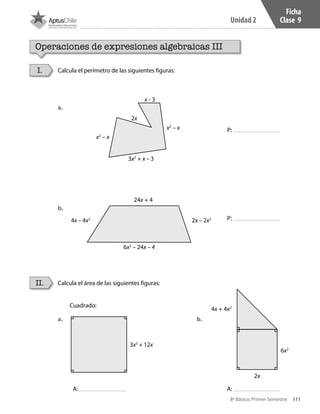111
Unidad 2
8º Básico, Primer Semestre
Ficha
Clase 9
Operaciones de expresiones algebraicas III
Calcula el perímetro de las siguientes figuras:
Calcula el área de las siguientes figuras:
Cuadrado:
I.
II.
a.	
a.	
b.	
b.	
x - 3
x2
– x
x2
– x
3x2
+ x – 3
2x – 2x2
3x2
+ 12x
4x – 4x2
6x2
– 24x – 4
24x + 4
6x2
2x
4x + 4x2
2x
P:
A: A:
P:
CT 8º I SEM 2017.indb 111 20-10-16 17:26
 