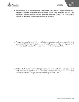 143
Unidad 2
8º Básico, Primer Semestre
Ficha
Clase 20
b.	 Por el alquiler de un auto cobran una cuota fija de 20 000 pesos, y adicionalmente 3 000
pesos por kilómetro recorrido. Escribe la ecuación canónica que representa esta función y
grafícala, ¿cuánto dinero hay que pagar para hacer un recorrido de 125 Km? . Si se paga un
valor de 65 000 pesos, ¿cuántos kilómetros se recorrieron?
c.	 Una planta mide originalmente 2 cm y se ha observado que su crecimiento es directamente
proporcional al tiempo. Después de una semana la planta mide 2,5 cm. Representa el
crecimiento de la planta en función del tiempo y posteriormente grafícalo.
d.	 La bicicleta de Andrea avanza 100cm por cada vuelta de las ruedas. Si se quiere conocer la
distancia que recorre en función del número de vueltas de las ruedas, construye una tabla
de valores, determina la representación funcional y gráfica la función.
CT 8º I SEM 2017.indb 143 20-10-16 17:26
 