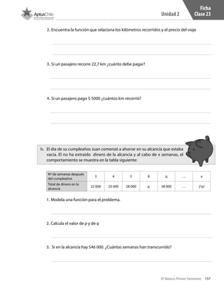 157
Unidad 2
8º Básico, Primer Semestre
Ficha
Clase 23
2. Encuentra la función que relaciona los kilómetros recorridos y el precio del viaje
3. Si un pasajero recorre 22,7 km ¿cuánto debe pagar?
4. Si un pasajero pago $ 5000 ¿cuántos km recorrió?
1. Modela una función para el problema.
2. Calcula el valor de p y de q
3. Si en la alcancía hay $46 000. ¿Cuántas semanas han transcurrido?
b.	 El día de su cumpleaños Juan comenzó a ahorrar en su alcancía que estaba
vacía. El no ha extraído dinero de la alcancía y al cabo de x semanas, el
comportamiento se muestra en la tabla siguiente:
Nº de semanas después
del cumpleaños
3 4 5 8 q … x
Total de dinero en la
alcancía
22 000 25 000 28 000 p 58 000 … 𝑓(x)
CT 8º I SEM 2017.indb 157 20-10-16 17:26
 