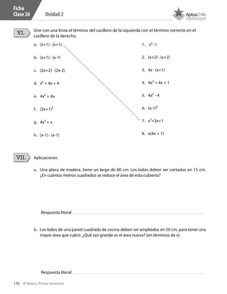 170 8º Básico, Primer Semestre
Unidad 2
Ficha
Clase 26
Une con una línea el término del casillero de la izquierda con el término correcto en el
casillero de la derecha.
Aplicaciones
VI.
VII.
a.	 (x+1) · (x+1)
b.	 (x+1) · (x-1)
c.	 (2x+2) · (2x-2)
d.	 x² + 4x + 4
e.	 4x² + 4x
f.	 (2x+1)²
g.	 4x² + x
h.	 (x-1) · (x-1)
a.	 Una placa de madera, tiene un largo de 80 cm. Los lados deben ser cortados en 15 cm.
¿En cuántos metros cuadrados se reduce el área de esta cubierta?
Respuesta literal
b.	 Los lados de una pared cuadrada de cocina deben ser ampliados en 50 cm, para tener una
mayor área que cubrir. ¿Qué tan grande es el área nueva? (en términos de x)
Respuesta literal
1.	 x² -1
2.	 (x+2) · (x+2)
3.	 4x · (x+1)
4.	 4x² + 4x + 1
5.	 4x² - 4
6.	 (x-1)²
7.	 x²+2x+1
8.	 x(4x + 1)
CT 8º I SEM 2017.indb 170 20-10-16 17:26
 