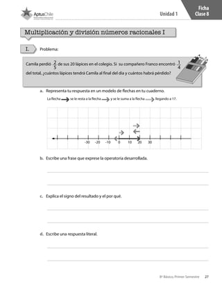 27
Unidad 1
8º Básico, Primer Semestre
Ficha
Clase 8
Multiplicación y división números racionales I
Problema:I.
Camila perdió 2
5
de sus 20 lápices en el colegio. Si su compañero Franco encontró 1
4
del total, ¿cuántos lápices tendrá Camila al final del día y cuántos habrá pérdido?
a.	 Representa tu respuesta en un modelo de flechas en tu cuaderno.
b.	 Escribe una frase que exprese la operatoria desarrollada.
c.	 Explica el signo del resultado y el por qué.
d.	 Escribe una respuesta literal.
La flecha se le resta a la flecha y se le suma a la flecha llegando a 17.
-30 -20 -10 0 3010 20
CT 8º I SEM 2017.indb 27 20-10-16 17:25
 