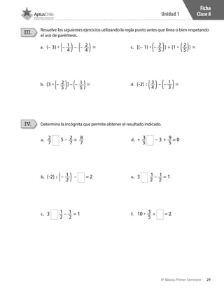 29
Unidad 1
8º Básico, Primer Semestre
Ficha
Clase 8
Resuelve los siguientes ejercicios utilizando la regla punto antes que línea o bien respetando
el uso de paréntesis.
Determina la incógnita que permite obtener el resultado indicado.
III.
IV.
a.	 (– 3) • – – – =
b.	 [3 • – ] – – =
c.	 [(– 1) • – ] + [1 • ] =
d.	 (-2) : – – =
a.	 2
7
5 – 2
7
= 8
7
b.	 (-2) : – – = 2
c.	 3 1
2
– 1
2
= 1
d.	 + 3
5
– 3 + 9
5
= 0
e.	 3 1
2
– 1
2
= 1
f.	 10 • 3
5
+ = 2
1
4
2
4
3
4
1
5
1
3
2
5
2
5
2
5
1
2
CT 8º I SEM 2017.indb 29 20-10-16 17:25
 