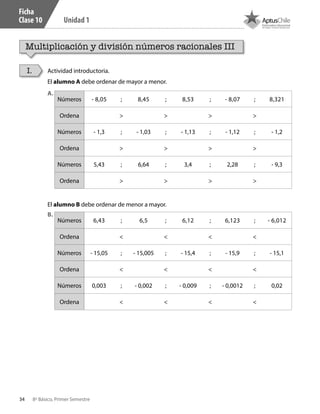 34 8º Básico, Primer Semestre
Unidad 1
Ficha
Clase 10
Multiplicación y división números racionales III
Actividad introductoria.
El alumno A debe ordenar de mayor a menor.
El alumno B debe ordenar de menor a mayor.
I.
Números - 8,05 ; 8,45 ; 8,53 ; - 8,07 ; 8,321
Ordena > > > >
Números - 1,3 ; - 1,03 ; - 1,13 ; - 1,12 ; - 1,2
Ordena > > > >
Números 5,43 ; 6,64 ; 3,4 ; 2,28 ; - 9,3
Ordena > > > >
Números 6,43 ; 6,5 ; 6,12 ; 6,123 ; - 6,012
Ordena < < < <
Números - 15,05 ; - 15,005 ; - 15,4 ; - 15,9 ; - 15,1
Ordena < < < <
Números 0,003 ; - 0,002 ; - 0,009 ; - 0,0012 ; 0,02
Ordena < < < <
A.	
B.	
CT 8º I SEM 2017.indb 34 20-10-16 17:25
 