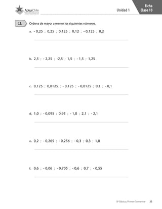 35
Unidad 1
8º Básico, Primer Semestre
Ficha
Clase 10
Ordena de mayor a menor los siguientes números.II.
a.	 - 0,25 ; 0,25 ; 0,125 ; 0,12 ; - 0,125 ; 0,2
b.	 2,5 ; - 2,25 ; -2,5 ; 1,5 ; - 1,5 ; 1,25
c.	 0,125 ; 0,0125 ; - 0,125 ; - 0,0125 ; 0,1 ; - 0,1
d.	 1,0 ; - 0,095 ; 0,95 ; - 1,0 ; 2,1 ; - 2,1
e.	 0,2 ; - 0,265 ; - 0,256 ; - 0,3 ; 0,3 ; 1,8
f.	 0,6 ; - 0,06 ; - 0,705 ; - 0,6 ; 0,7 ; - 0,55
CT 8º I SEM 2017.indb 35 20-10-16 17:25
 
