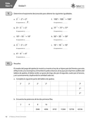 42 8º Básico, Primer Semestre
Unidad 1
Ficha
Clase 13
Determine el exponente desconocido para obtener las siguientes igualdades.V.
a.	 2 • 23
= 25
El exponente es
b.	 53
• 5 = 55
El exponente es
c.	 103
• 10 = 103
El exponente es
d.	 3 • 31
= 34
El exponente es
e.	 42
• 4 = 45
El exponente es
f.	 1003
• 100 = 1004
El exponente es
g.	 77 • 773
= 775
El exponente es
h.	 503
• 50 = 505
El exponente es
i.	 101
• 10 = 102
El exponente es
El creador del juego del ajedrez le mostró su invento al rey de un lejano país de Oriente y por esto
el Rey le dio una recompensa. El hombre le pidio entonces al rey que por el primer casillero del
tablero de ajedrez, él debía recibir un grano de trigo, dos por el segundo, cuatro por el tercero,
y así sucesivamente, duplicando la cantidad cada vez.
a.	 Completa la siguiente parte del tablero de ajedrez.
b.	 Encuentra las potencias de las dos primeras filas.
Resuelve.VI.
21
22
23
24
28
216
224
2 4 8 16
2048 4096 8192 15384 32758 65536
2
CT 8º I SEM 2017.indb 42 20-10-16 17:26
 