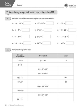 50 8º Básico, Primer Semestre
Unidad 1
Ficha
Clase 16
Potencias y expresiones con potencias III
Resuelve utilizando las cuatro propiedades vistas hasta ahora.
Completa la siguiente tabla.
I.
II.
a.	 102
• 102
=
b.	 54
• 52
=
c.	 64
• 63
=
d.	 102
: 102
=
e.	 174
: 172
=
f.	 33
: 32
=
g.	 (55
)2
=
h.	 (54
)2
=
i.	 (53
)3
=
j.	 (10 • 2)3
=
k.	 (12 • 2)2
=
l.	 (16)3
=
División
de potencias
Propiedad Valor
153
: 33
(15 : 3)3 125
64
: 24
(25 : 5)4
= (5)4
(49 : 7)2
= (7)2
1552
: 52 961
722
: 92 64
(156 : 39)2
= (4)3
1692
: 132
(40 : 5)3
= (8)3
551
: 111
CT 8º I SEM 2017.indb 50 20-10-16 17:26
 