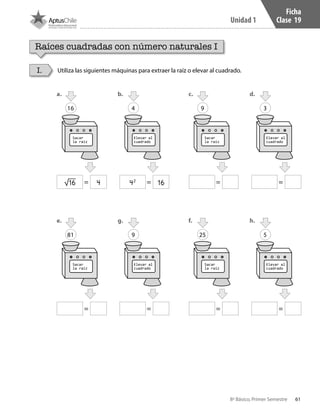 61
Unidad 1
8º Básico, Primer Semestre
Ficha
Clase 19
Raíces cuadradas con número naturales I
Utiliza las siguientes máquinas para extraer la raíz o elevar al cuadrado.I.
16
=
81
=
9
=
25
=
4
=
9
=
3
=
5
=
Sacar
la raíz
Sacar
la raíz
Sacar
la raíz
Sacar
la raíz
Elevar al
cuadrado
Elevar al
cuadrado
Elevar al
cuadrado
Elevar al
cuadrado
a.	
e.	
c.	
f.	
b.	
g.	
d.	
h.	
√16 4 1642
CT 8º I SEM 2017.indb 61 20-10-16 17:26
 