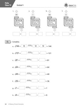 62 8º Básico, Primer Semestre
Unidad 1
Ficha
Clase 19
Completa.
a.	 √144 = • = 144
b.	 √121 = • = 121
c.	 √81 = • = 81
d.	 √64 = • = 64
e.	 √49 = • = 49
f.	 √36 = • = 36
g.	 √1 = • = 1
h.	 √0 = • = 0
II.
porque
porque
porque
porque
porque
porque
porque
porque
49
=
64
=
7
=
8
=
Sacar
la raíz
Sacar
la raíz
Elevar al
cuadrado
Elevar al
cuadrado
i.	 k.	j.	 l.	
12 12 12
CT 8º I SEM 2017.indb 62 20-10-16 17:26
 