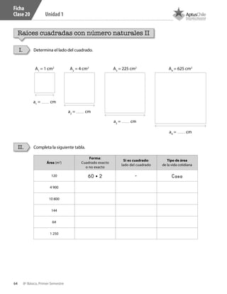 64 8º Básico, Primer Semestre
Unidad 1
Ficha
Clase 20
Raíces cuadradas con número naturales II
Determina el lado del cuadrado.
Completa la siguiente tabla.
I.
II.
A1
= 1 cm2
a1
= cm
a2
= cm
a3
= cm
a4
= cm
A2
= 4 cm2
A3
= 225 cm2
A4
= 625 cm2
Área (m2
)
Forma:
Cuadrado exacto
o no exacto
Si es cuadrado:
lado del cuadrado
Tipo de área
de la vida cotidiana
120
4 900
10 800
144
64
1 250
60 • 2 - Casa
CT 8º I SEM 2017.indb 64 20-10-16 17:26
 