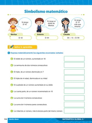 112 MATEMÁTICA GLOBAL 5.°
Simbolismo matemático
Aplica lo aprendido
1.	 Expresa matemáticamente los siguientes enunciados verbales:
1
Yo tengo
S/ 15
más que
Antonio.
Claudia
84 + 15 = S/ 99
Yo tengo el
doble de
Maritza.
Antonio
S/ 84
Yo tengo
S/ 42.
Maritza
S/ 42
ciento doce
El doble de un número, aumentado en 18
a
La semisuma de dos números consecutivos
b
El triple, de un número disminuido en 7
c
El triple de mi edad, disminuida en su mitad
d
El cuadrado de un número aumentado en su doble
e
La cuarta parte, de un número incrementado en 10
f
La suma de 4 números consecutivos
g
La suma de 4 números pares consecutivos
h
La mitad de un número, más la tercera parte del mismo número
i
 