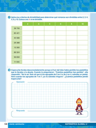 128 MATEMÁTICA GLOBAL 5.°
	 Aplica tus criterios de divisibilidad para determinar qué números son divisibles entre 2; 3; 4;
5; 6 y 10. Coloca una si es divisible.
2 3 4 5 6 10
38 700
85 421
45 566
29 388
13 300
89 324
56 650
11 555
17
	 Caperucita lloraba desconsoladamente porque al huir del lobo había perdido los pastelillos
que le llevaba a la abuela. Cuando le preguntaron: “Cuántos pastelillos has perdido”, ella
respondió: “No lo sé. Solo sé que si los agrupaba de 5 en 5 o de 4 en 4, sobraba un pastel.
Pero cuando los agrupaba de 7 en 7, ya no sobraba ninguno”. ¿Cuántos pastelillos perdió
Caperucita?
18
Operación
Respuesta
ciento veintiocho
 