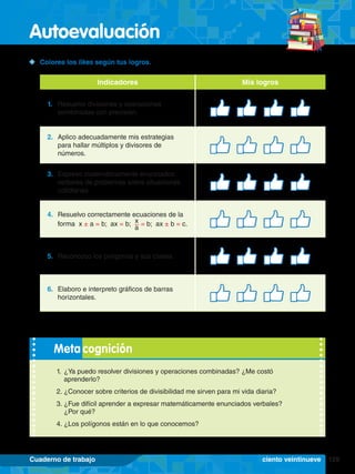 Autoevaluación
129
Cuaderno de trabajo
1.	 ¿Ya puedo resolver divisiones y operaciones combinadas? ¿Me costó
aprenderlo?
2.	¿Conocer sobre criterios de divisibilidad me sirven para mi vida diaria?
3.	¿Fue difícil aprender a expresar matemáticamente enunciados verbales?
¿Por qué?
4.	¿Los polígonos están en lo que conocemos?
Meta cognición
	 Colorea los likes según tus logros.
Indicadores Mis logros
1.	 Resuelvo divisiones y operaciones
combinadas con precisión.
2.	 Aplico adecuadamente mis estrategias
para hallar múltiplos y divisores de
números.
3.	 Expreso matemáticamente enunciados
verbales de problemas sobre situaciones
cotidianas.
4.	 Resuelvo correctamente ecuaciones de la
forma x ± a = b; ax = b; x
a
= b; ax ± b = c.
5.	 Reconozco los polígonos y sus clases.
6.	 Elaboro e interpreto gráficos de barras
horizontales.
ciento veintinueve
 