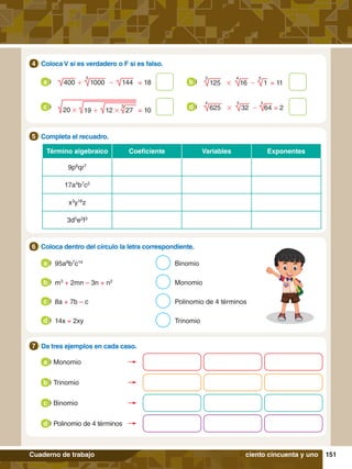 151
Cuaderno de trabajo
	 Da tres ejemplos en cada caso.
7
Término algebraico Coeficiente Variables Exponentes
9p6
qr7
17a4
b7
c2
x3
y18
z
3d5
e2
f3
7
.	 Completa el recuadro.
5
8.	 Coloca dentro del círculo la letra correspondiente.
6
95a8
b7
c14
Binomio
a
m3
+ 2mn – 3n + n2 Monomio
b
8a + 7b – c Polinomio de 4 términos
c
14x + 2xy Trinomio
d
5.	 Coloca V si es verdadero o F si es falso.
4
400 + 1000
3
- 144 = 18
a 125
3
# 16
4
- 1
5
= 11
b
625
4
# 32
5
- 64
3
= 2
d
20 # 19 + 12 # 27
3
= 10
c
ciento cincuenta y uno
Monomio
a
Trinomio
b
Binomio
c
Polinomio de 4 términos
d
 